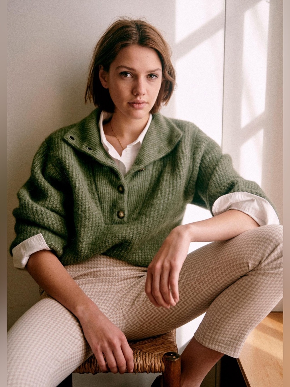 Sezane Micky Jumper Alpaca Sweater Pullover Balloon Sleeves Rib Knitting Green